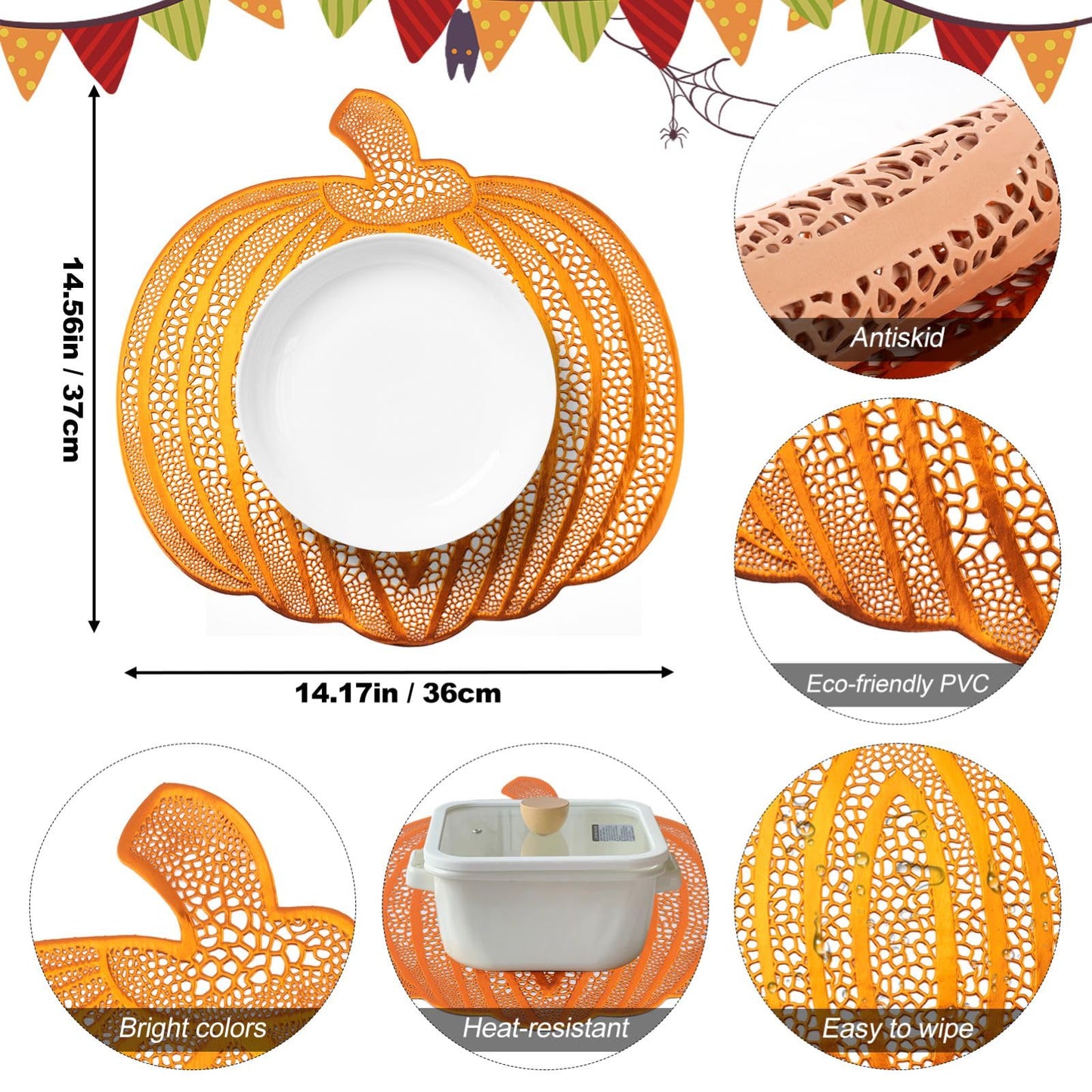 Pumpkin Placemats Set of 6，Harvest Placemats Fall Placemats Heat-Resistant for Thanksgiving,Halloween,Party and Wedding Table Decorations