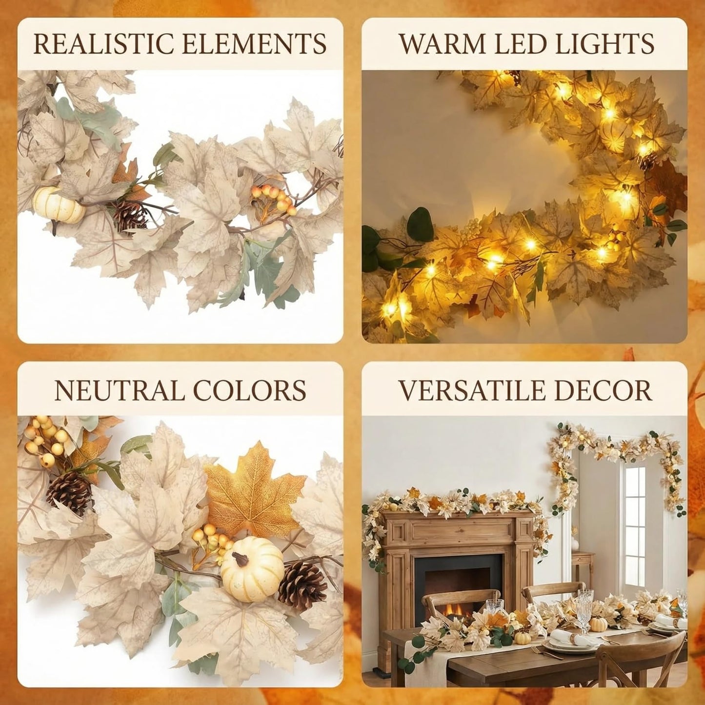 Pre - Lit Fall Garland, Fall Decor with Maple Leaves & Pumpkins, 6FT Seasonal Wreath for Home Decorations & Displays (Warm Lights)