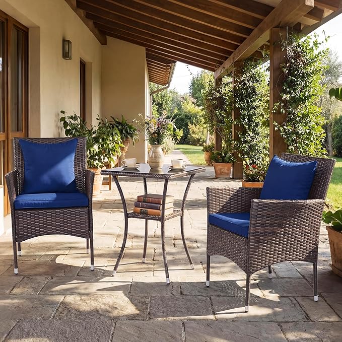 Tangkula 3 Pieces Patio Wicker Bistro Set, 2 Rattan Chairs w/ 2-Tier Tempered