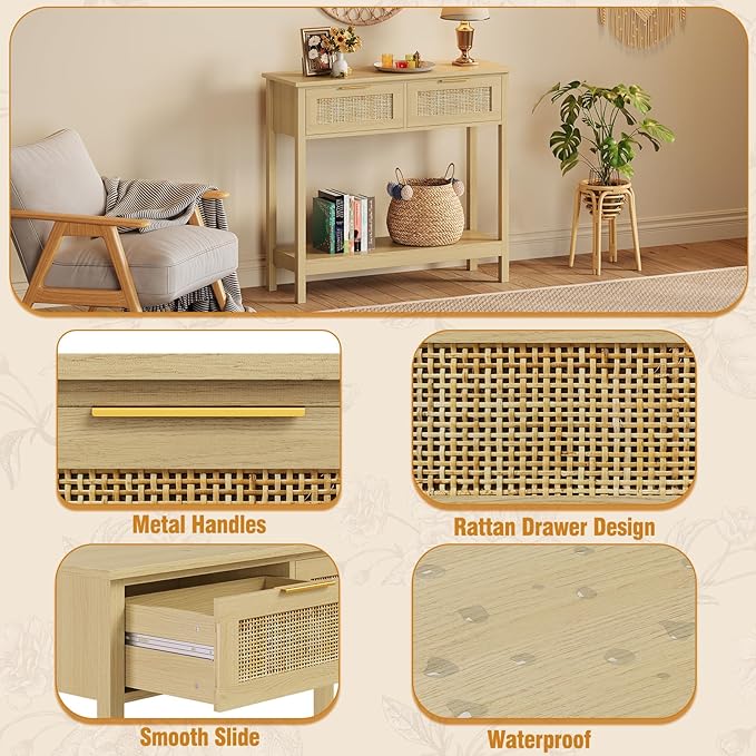 Trironsun Farmhouse Rattan Console Table