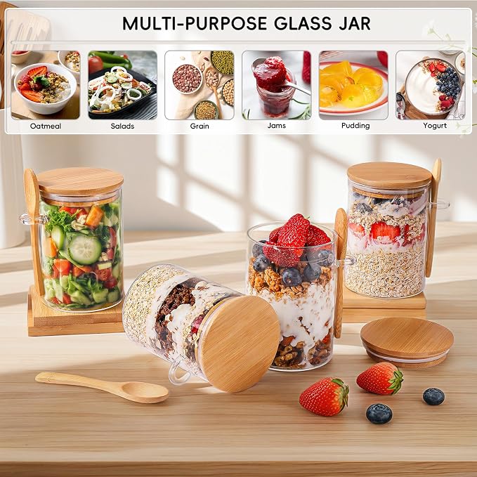 MHDCLY Overnight Oats Containers with Lids,16oz Overnight Oats Jars 4 Pack, Oatmeal Cups,Meal Prep Containers,Glass Meal Prep Containers with Lids,China Pudding Jars