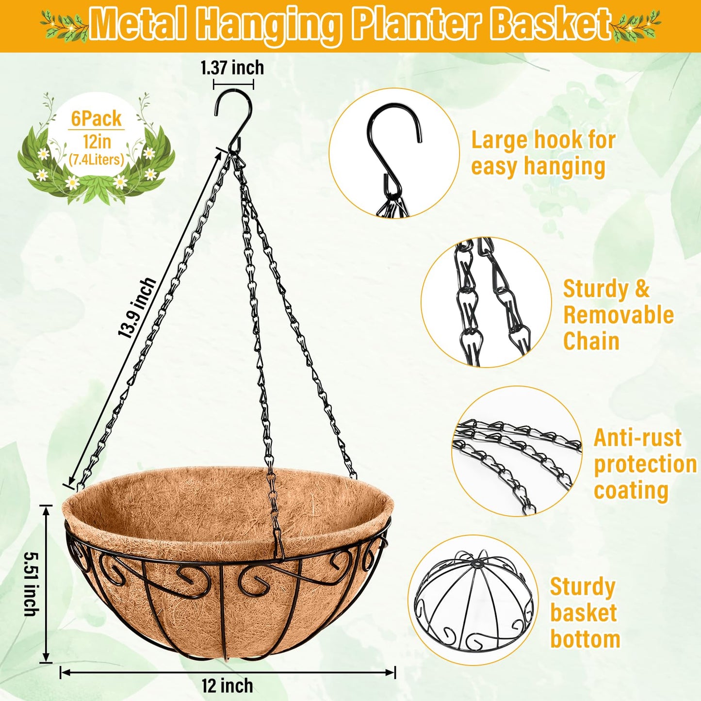 Legigo 6 Pack 12 Inch Metal Hanging Baskets for Plants Outdoor- Round Wire Hanging Planters Basket with Coconut Coir Liner, Hanging Flower Pot for Outdoor Plants Flowers Garden Decorations