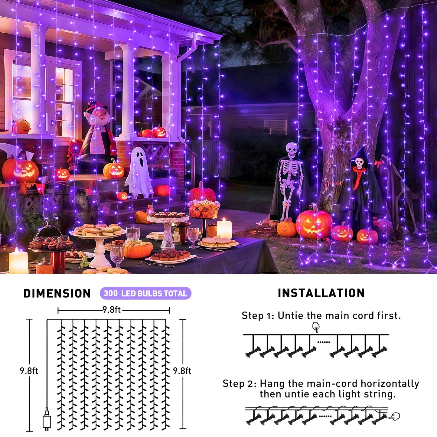 JMEXSUSS 300LED Purple Halloween Lights with Remote, 9.8x9.8ft Curtain Lights Plug in, 8 Modes Hanging String Lights for Indoor, Outdoor, Bedroom, Window, Party, Backdrop, Xmas, Halloween Decorations