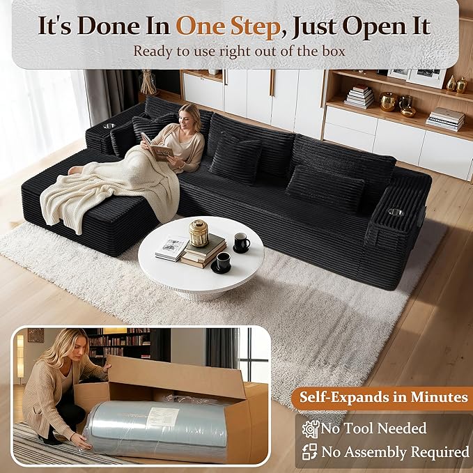 108" Oversized Cloud Sectional Couch, Comfort L Shaped Boneless Couch