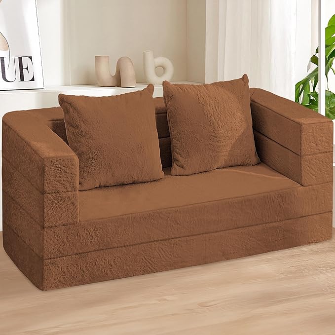 Folding Bean Bag Chair for Adults, 3-in-1 Bean Bag Couch Faux Fur Floor Sofa