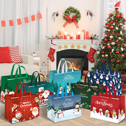 TranquilBliss 16 PCS Christmas Gift Bags, Reusable Holiday Treat Bags with Handles, Christmas Baskets for Gifts Empty, Non-Woven Xmas Party Supplies, 12.8"×9.8"×6.7"