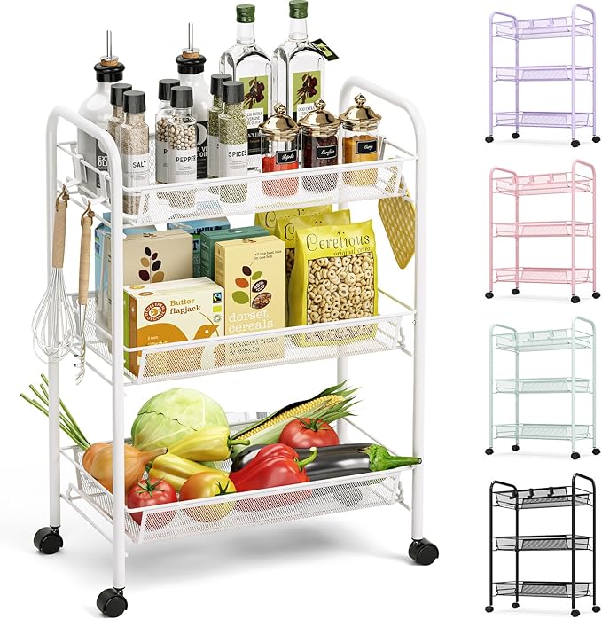 TOOLF 3-Tier Metal Rolling Cart, Mesh Wire Easy Assemble Utility Cart, Storage
