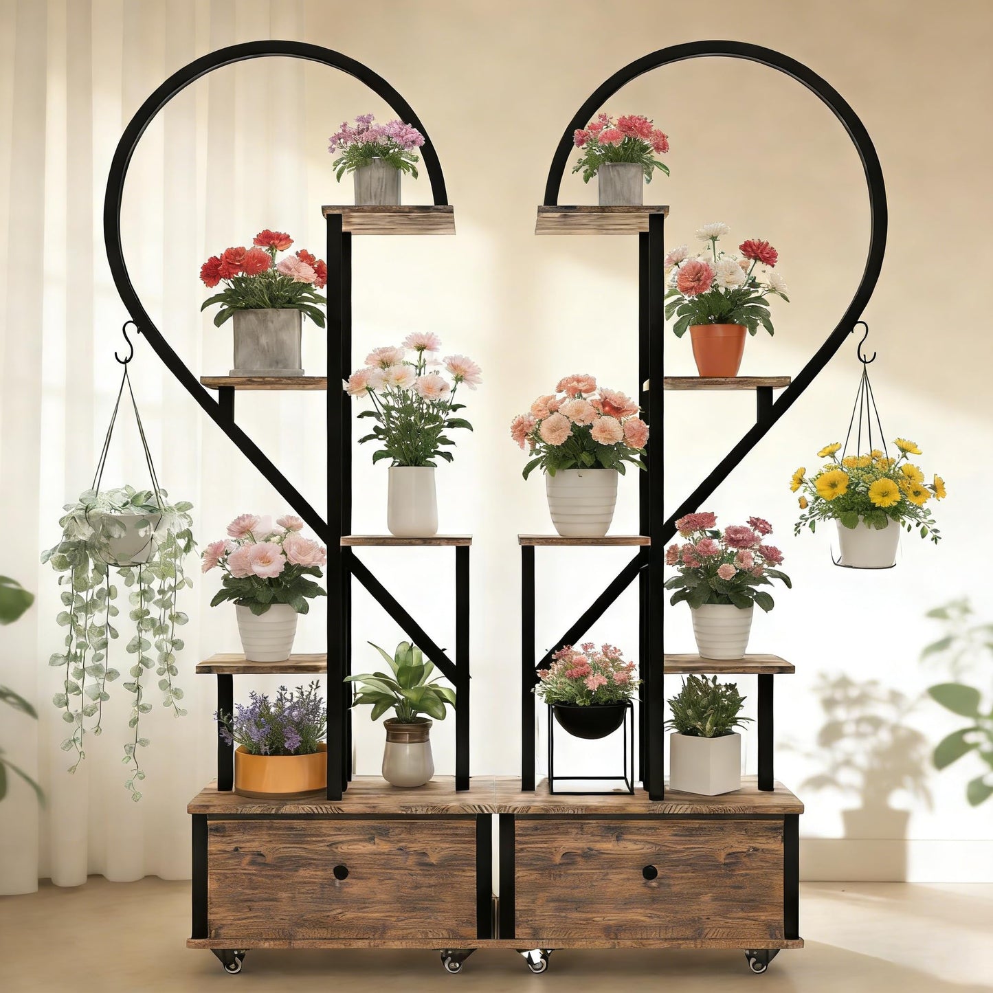 Heart Shaped Indoor Plant Stand with Rolling Storage Cabinet & Drawer, Multi-Tier Plant Shelf with Hanging Hooks & Casters for Home Office Living Room Patio Balcony, Rustic Brown, 2 Pack