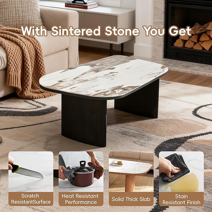 Luxury Marble Coffee Table, Premium Sintered Stone Top, Natural Wood Look Base