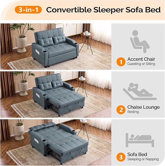 VINGLI Blue Grey Futon Sofa Bed Convertible Loveseat Sleeper Couch, Faux