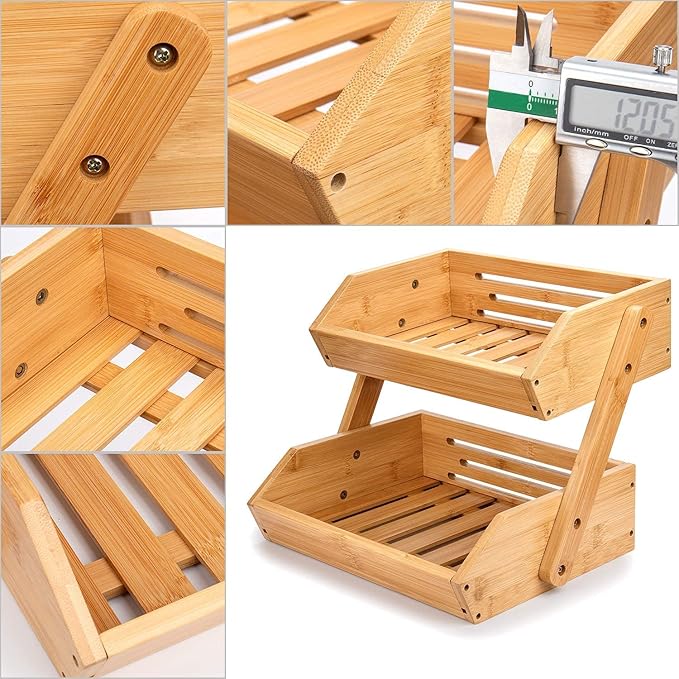 Merysen 2 Tier Fruit Basket For Kitchen- Bamboo Fruit and Vegetable Storage