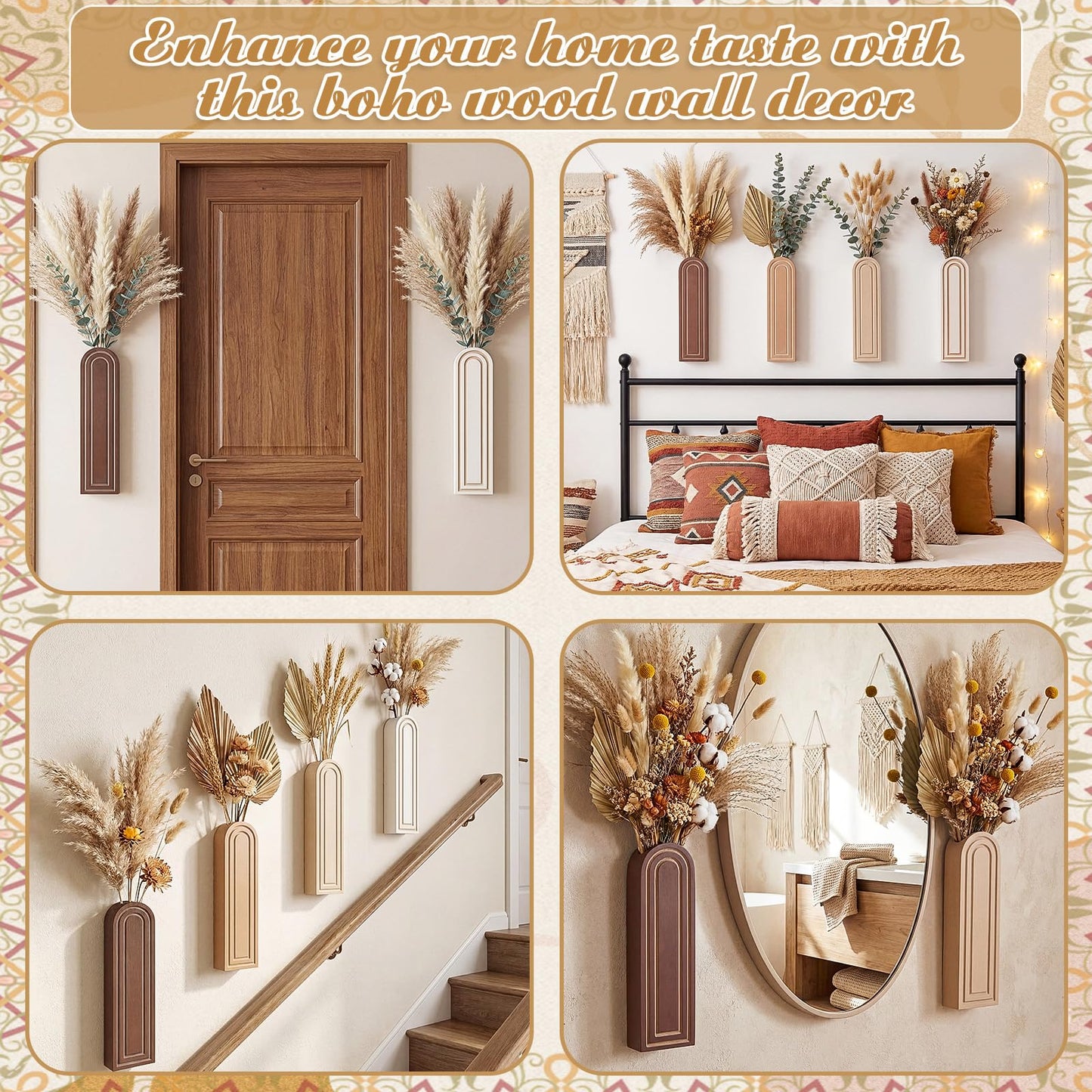 Ferrochef 4 Pack Wooden Wall Vase Set, Boho Hanging Planter Arched Vase Decor, Wood Wall-Mounted Plant and Flower Holders for Modern Farmhouse Bathroom Living Room Entryway Rustic Decor