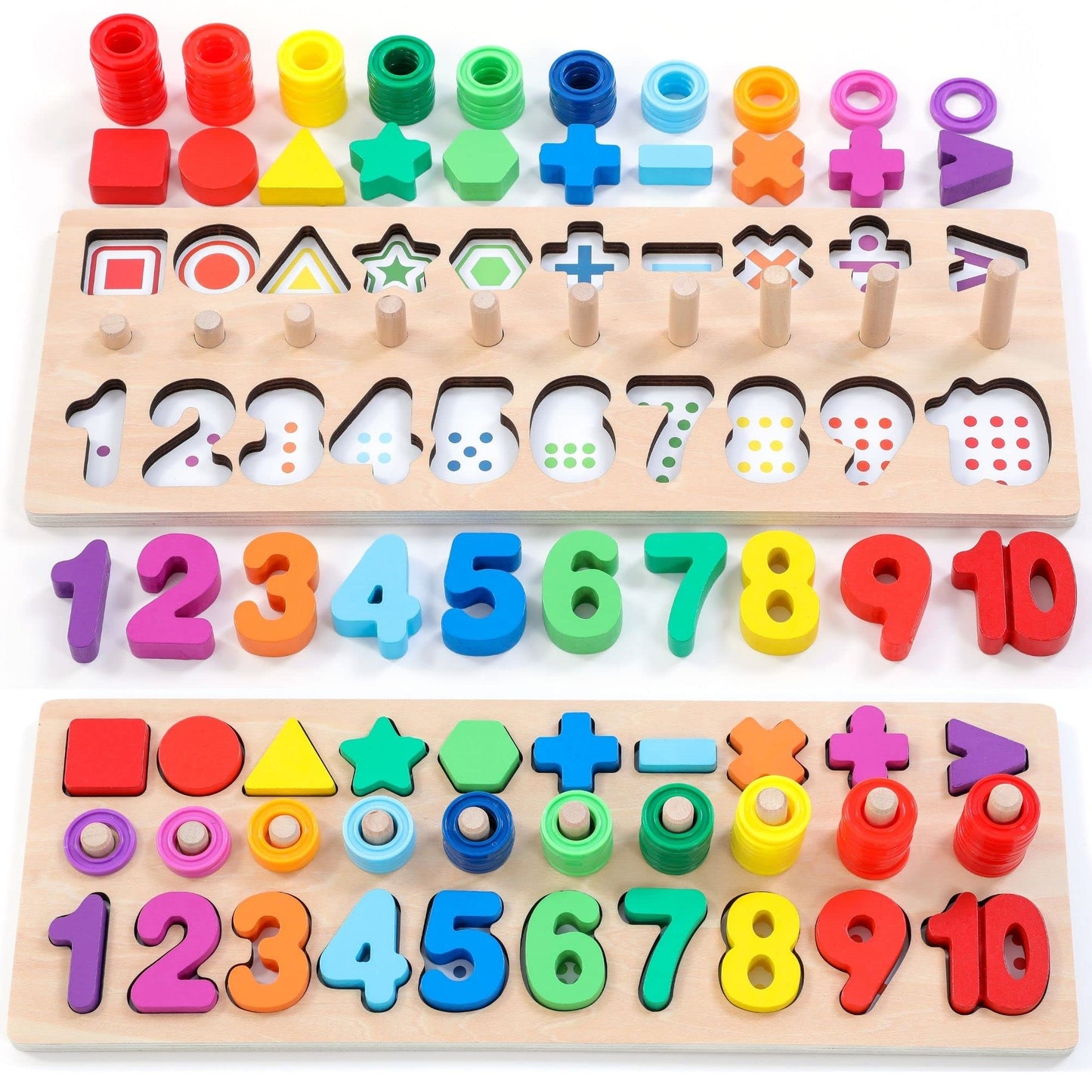 GeroCrew Wooden Montessori Toys for Kids Toddler Number Puzzles Sorter Counting Shape Stacker Stacking Game Preschool Toys for Boy Girl Learning Education Math Blocks Year Old Girl Gifts (Rainbow)