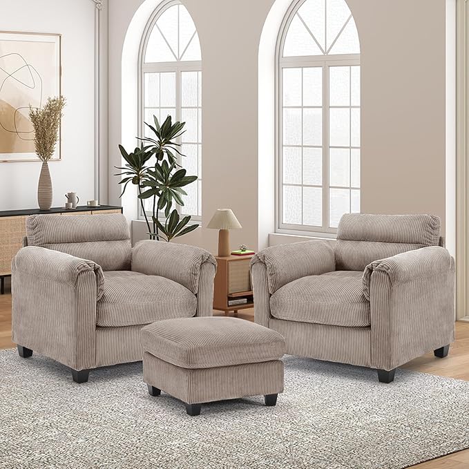 HAOMARKETS Corduroy 3-Piece Sofa Set, Upholstered Ottoman and Accent Chair Sofa