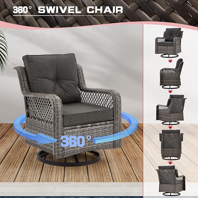 6 Pieces Wicker Patio Furniture Set Conversations Sets, 2 Outdoor 360° Swivel