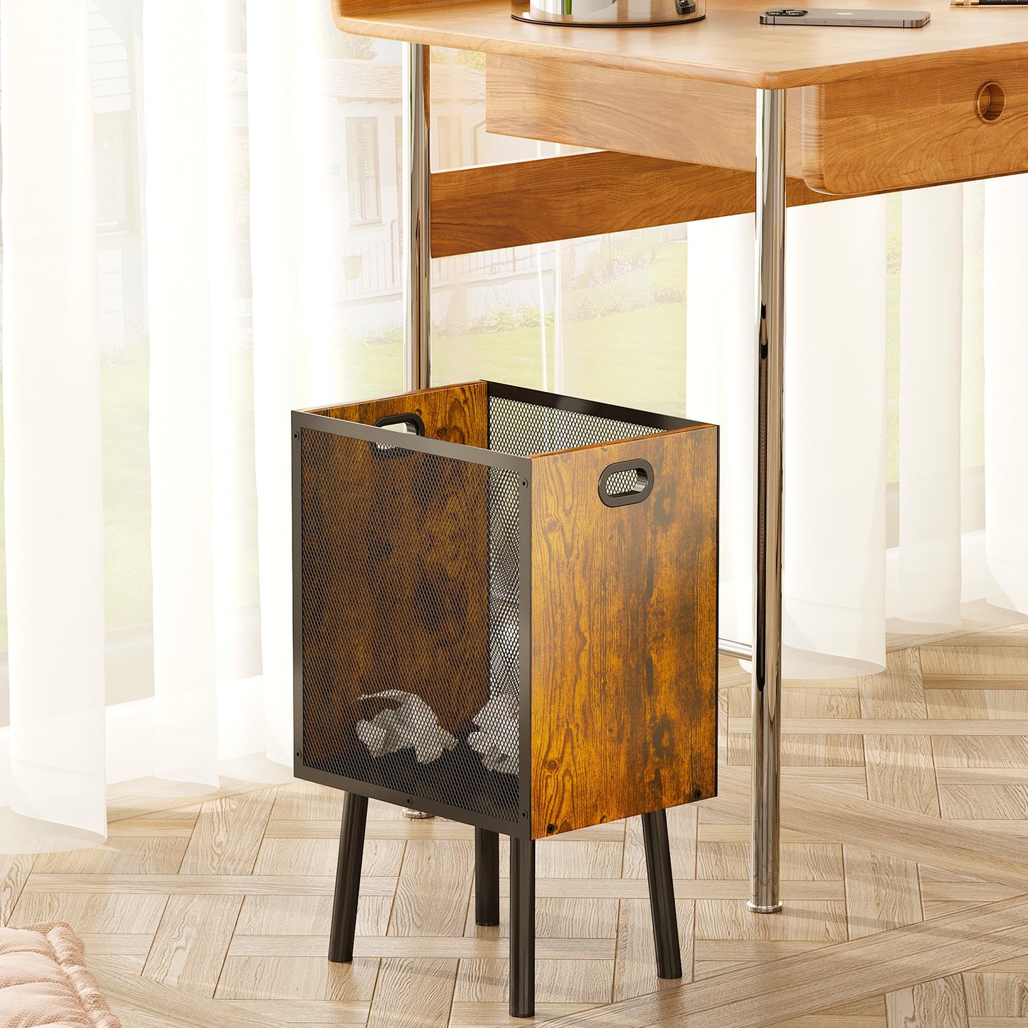 Yuyetuyo 4.5 Gallon Office Trash Can for Near Desk, Wood Bedroom Trashcan Rectangular Wastebasket with Mesh - Handles - Leg, Small Garbage Can Trash Bin for Office Bedroom Living Room Bathroom Dorm