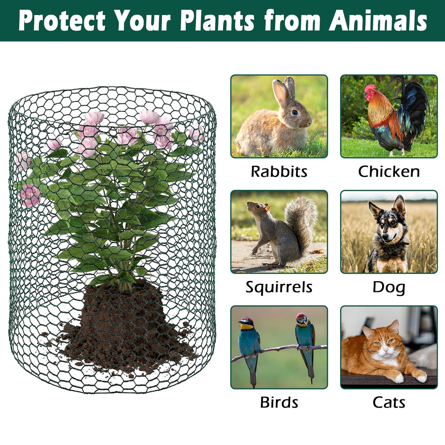 Patioer 16IN x 50Ft Plant Protectors from Animals, Wire Plant Cages for Outdoor, Chicken Wire Mesh Cloche with Plier Ground Stakes Gloves & Nylon Ties