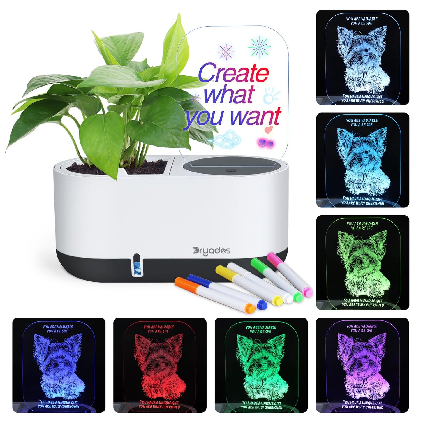 DRYADES Self-Watering Plant Pot with LED Note Board & 7 Colors Pen, Led Acrylic Message Board with Plant Pot,Dog Board Night Light with Planting Pot for Mother's Day/Children's Day Gifts(No Plant)