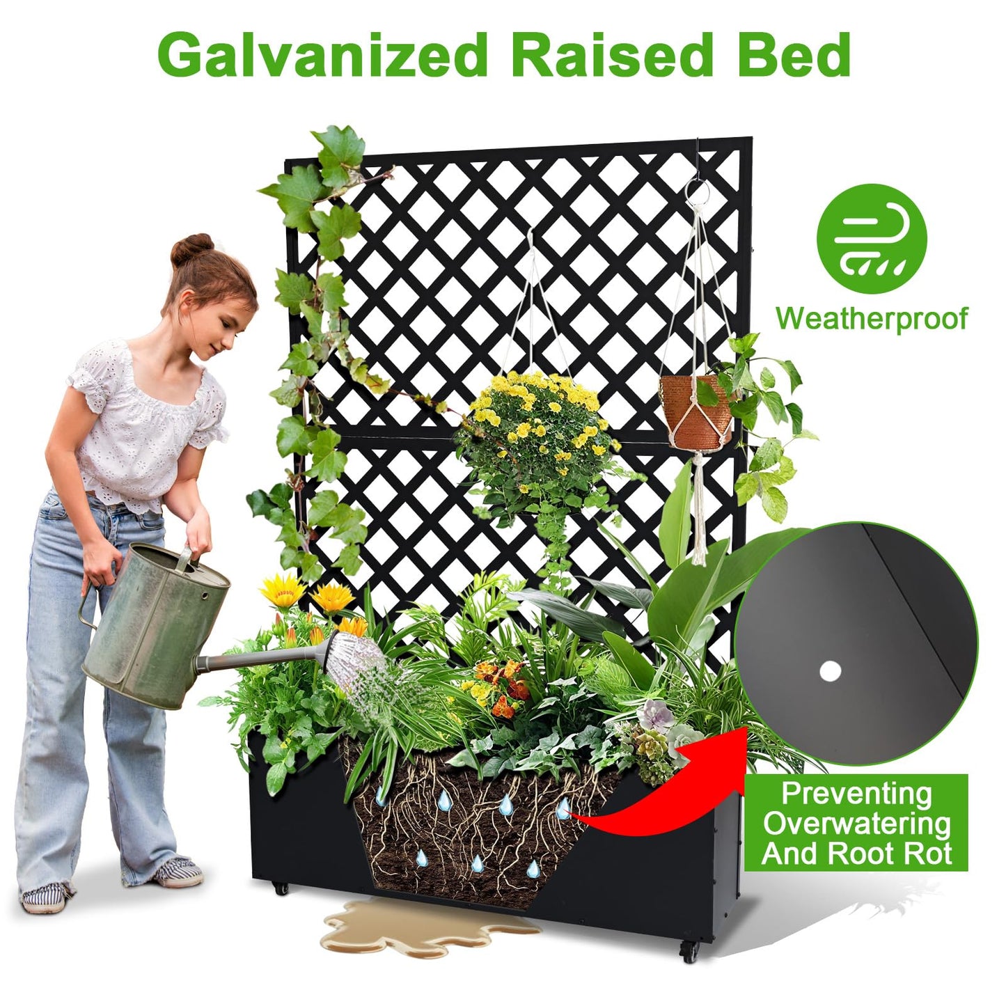 Metal Raised Garden Bed with Trellis & Wheels, 72.83"x46.46"x11.81" Galvanized Metal Planter Box with Drainage Holes & Privacy Screen for Patio Balcony Climbing Plants Flowers Vegetable, Black