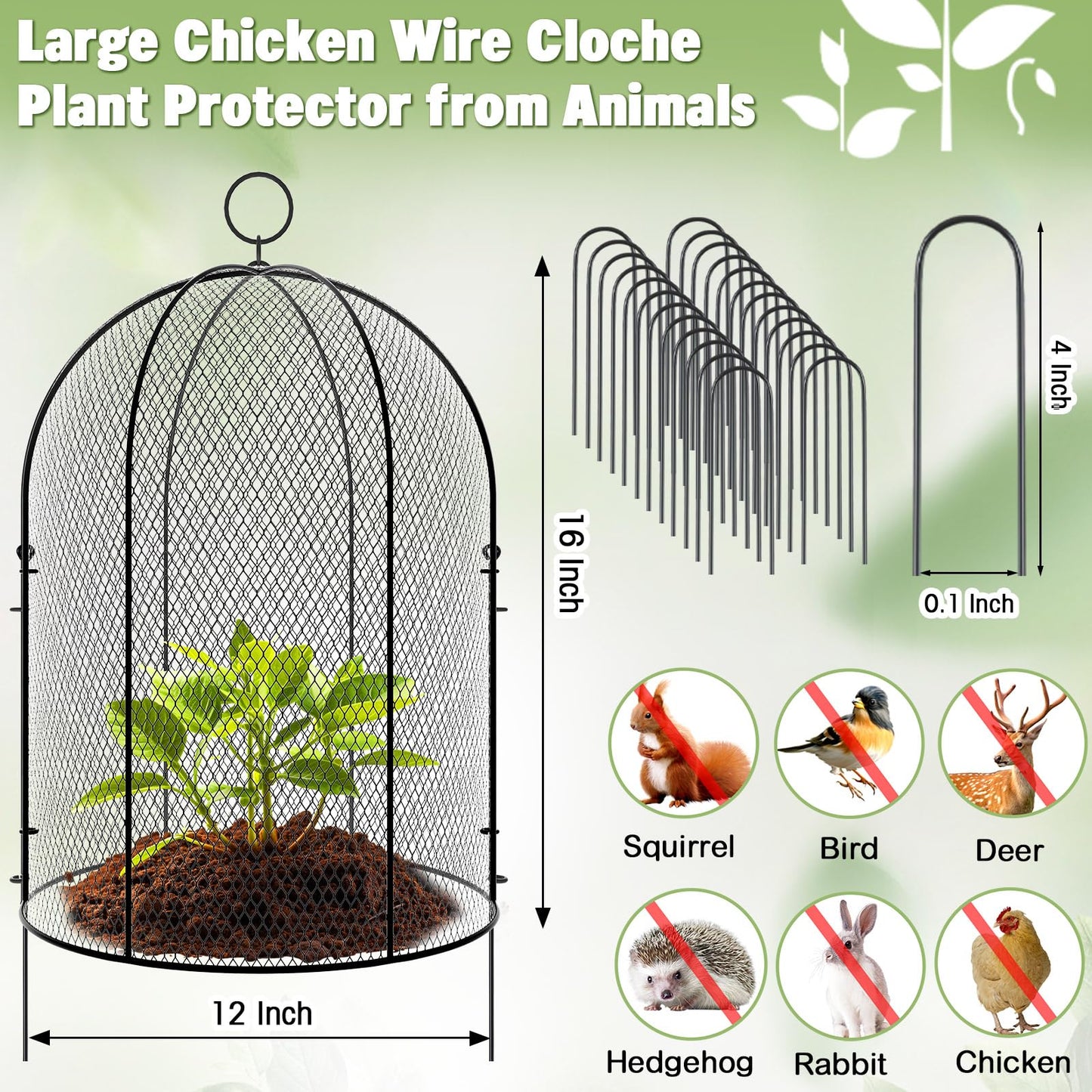 Novabright 6 Pack Garden Cloches for Plants 12" x 16" with Stakes & Zip Ties, Plant Covers from Animals Large Metal Mesh Chicken Wire Cloche Plant Protector Cage for Vegetable Garden Outdoor (Black)