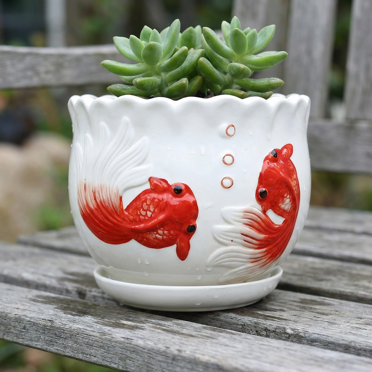 KinzhaoAuroia Ceramic Planter with Saucer - 3D Embossed Goldfish Design, Scalloped Edge Decorative Flower Pot for Indoor Outdoor Succulent Cactus, White Porcelain Plant Container with Drainage Hole
