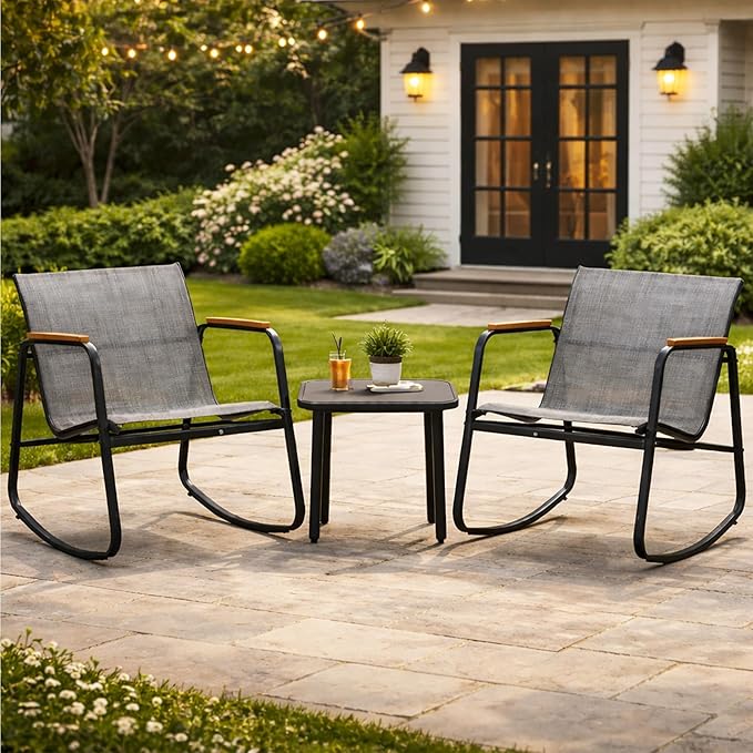 Kozyard 3-Piece Rocking Chair Set, Outdoor Rocking Textilene Bistro Set