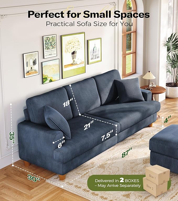 Kidirect 87in Corduroy Couch, Sofa No Tool Assembly, Comfy Couches