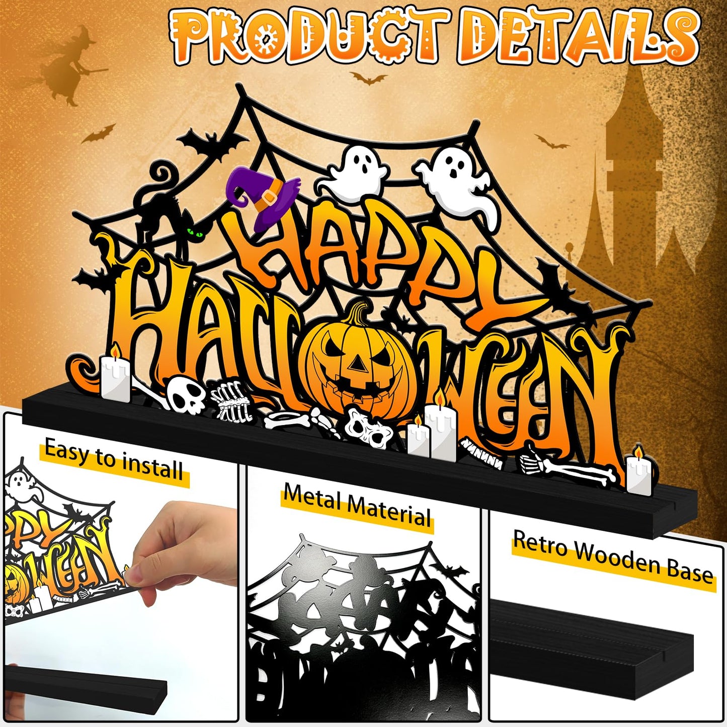 Halloween Decorations for Home Metal Tabletop Sign, Spooky Pumpkin Ghost Table Decor Rustic Farmhouse Halloween Tiered Tray Decor Metal Sign Tabletop Centerpiece for Home Mantel Shelf Desk