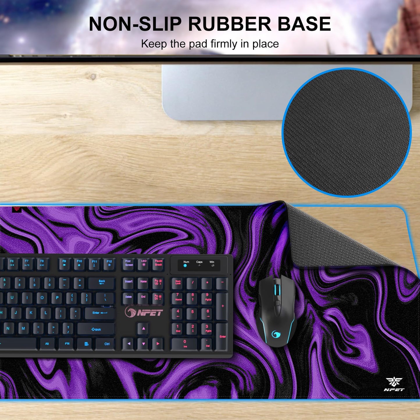 NPET N110 Extended Big Mouse Pad Large, XXL Gaming Mouse Pad Desk Pad, 35x17 inch Long Computer Keyboard Mouse Mat Mousepad with 3mm Non-Slip Base and Stitched Edge for Home Office Work, Dark Purple