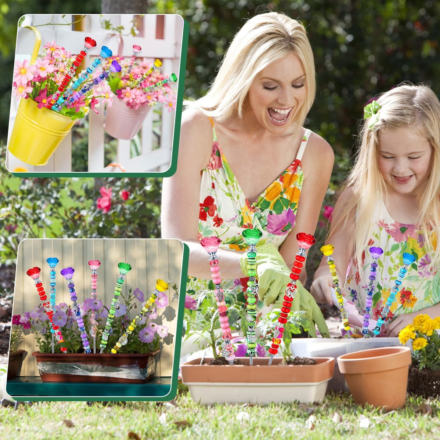 Lineshading 6 Sets Beaded Garden Stakes Kit, Rose Garden Stakes Accessories with Beads, Crystal Rose Stopper Top, (Classic Color)