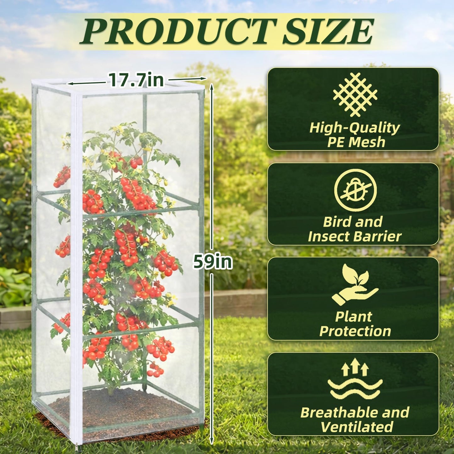 ComfyKit 3PCS Garden Bird Netting Plant Covers for Square Tomato Cage, 59" x 17.7" Reusable Tomato Cage Net with Zipper & Drawstring, Insect & Bird Barrier for Tomatoes, Fruits & Climbing Vines