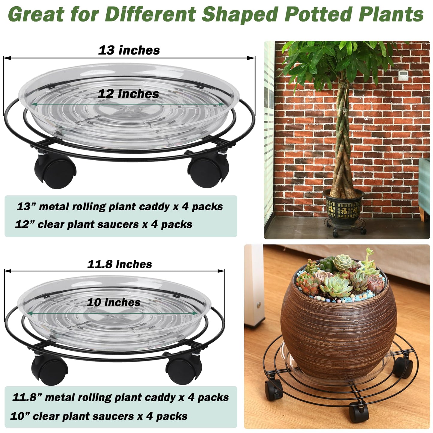 8 Packs Large Metal Plant Caddy with Wheels 13" and 11.8" Heavy-Duty Wrought Iron Rolling Plant Stands with Casters Plant Dolly Plant Roller Base Indoor and Outdoor Plant Pot Movers Planter Rollers