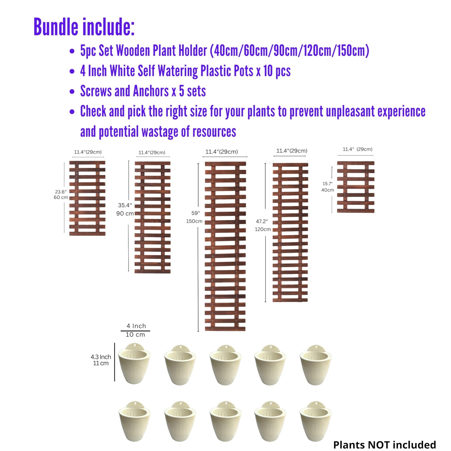 ShopLaLa Bundle- 5 Pack Set Wooden Plant Holder + 10 Pack, 4 Inch White Self Watering Plastic Pots Hydroponic Living Wall Mount Vertical Garden Systerm Rustic Farmhouse Home Shelves Ladder Stand Decor