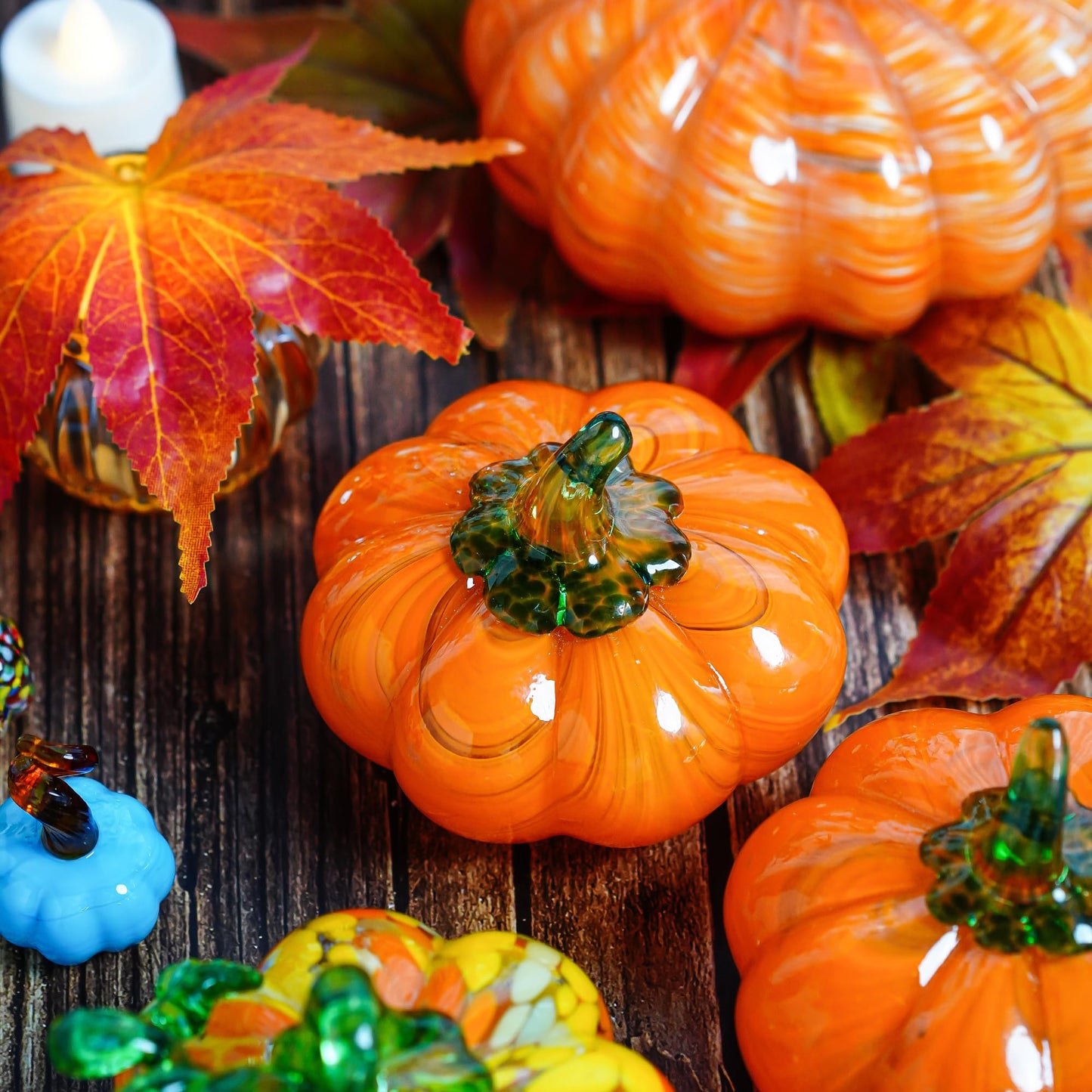H&D HYALINE & DORA Halloween Glass Pumpkin Collectible Figurine, Blown Glass Pumpkin Fall Decorations for Home Fall Harvest Thanksgiving, Orange Crystal Art Pumpkin Paperweight