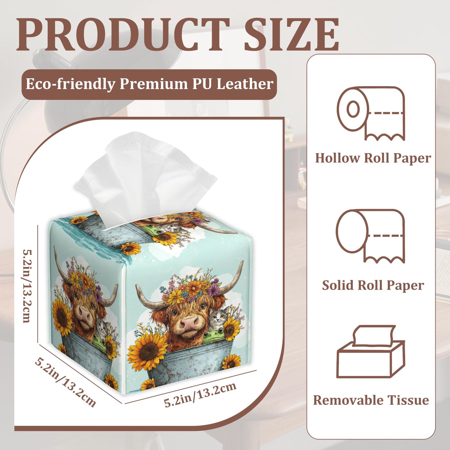 Highland Cow Flowers Square Tissue Box Holder Waterproof Leather Facial Paper Organizer Dispenser for Bathroom Home Kitchen Car Nightstand Vanity Desk，2Pack