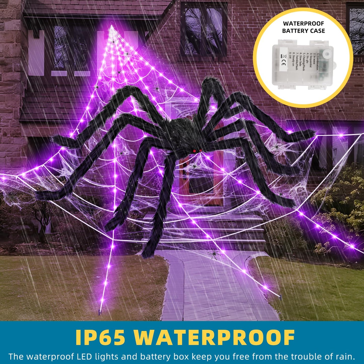 ININ 200" Halloween Light Up Spider Web with 250 LED Lights,Halloween Decorations Outdoor/Indoor,Scary Party Decorations with 59" Giant Spider & 20g Stretch Cobweb,for Yard/Lawn/Garden(Purple)