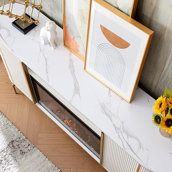 OKD Luxury 70" Fluted Fireplace TV Stand, Modern Chic Entertainment Center
