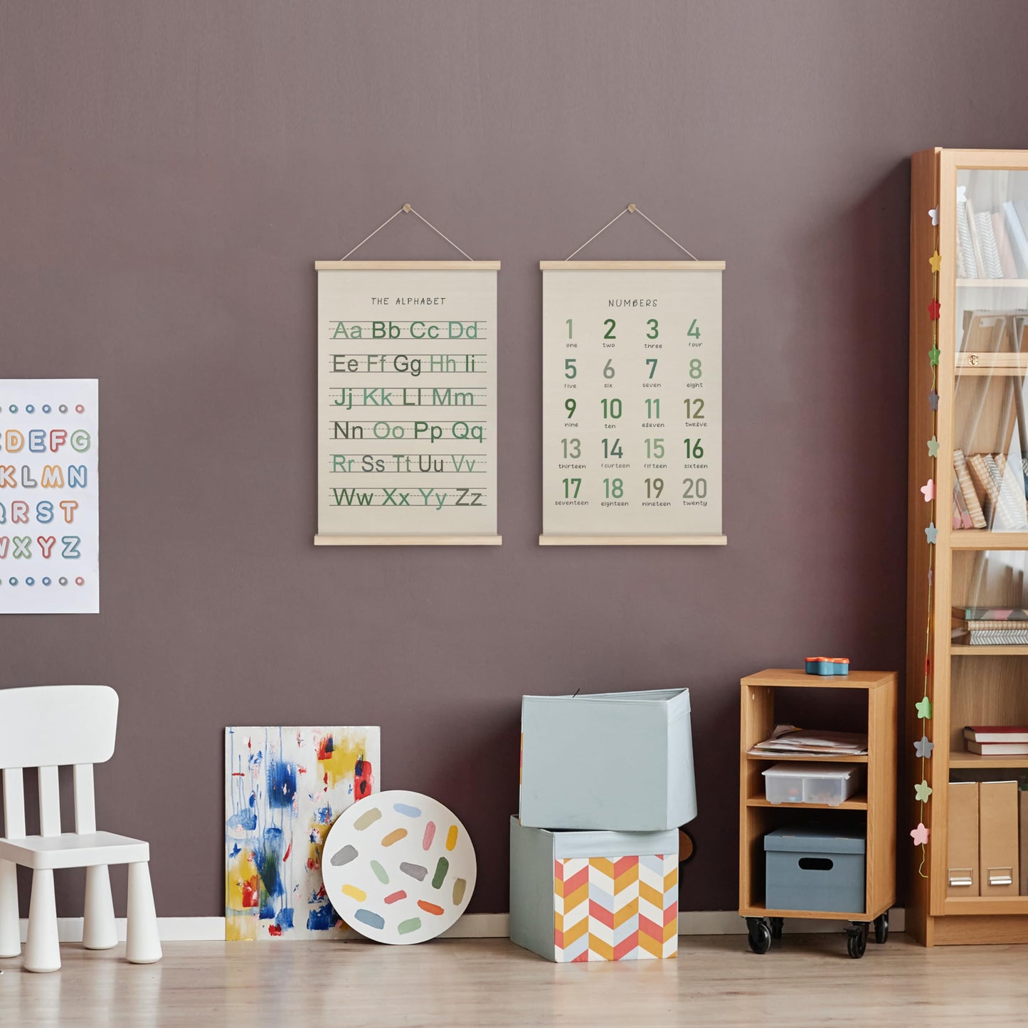 HRQKO Alphabet Numbers Poster Hanger Frame Set of 2, Nursery Wall Decor, Boho ABC Poster Wall Art with Wooden Frames, Sage Green Alphabet Banner Wall Hanging Decor for Toddler Playroom, 16x24 inch