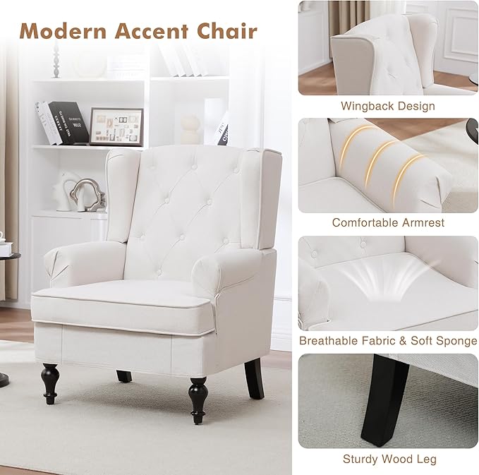 Accent Chair for Living Room, Mid Century Modern Upholstered Armchair, Wingback