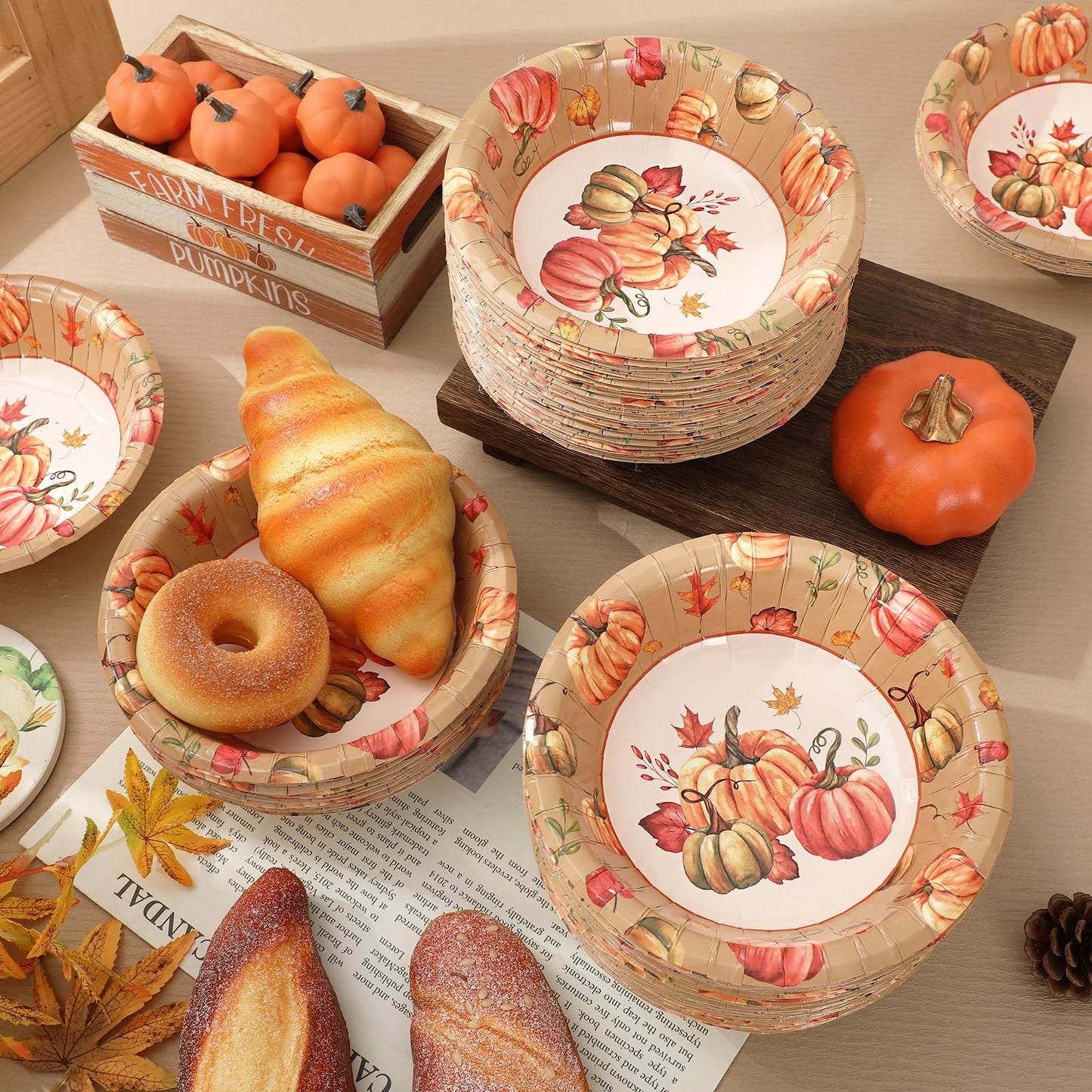 Whaline 100 Pcs Fall Paper Bowls Pumpkin Leaves Disposable Serving Bowls Watercolor Pumpkin Ice Cream Bowl for Autumn Thanksgiving Party Supplies