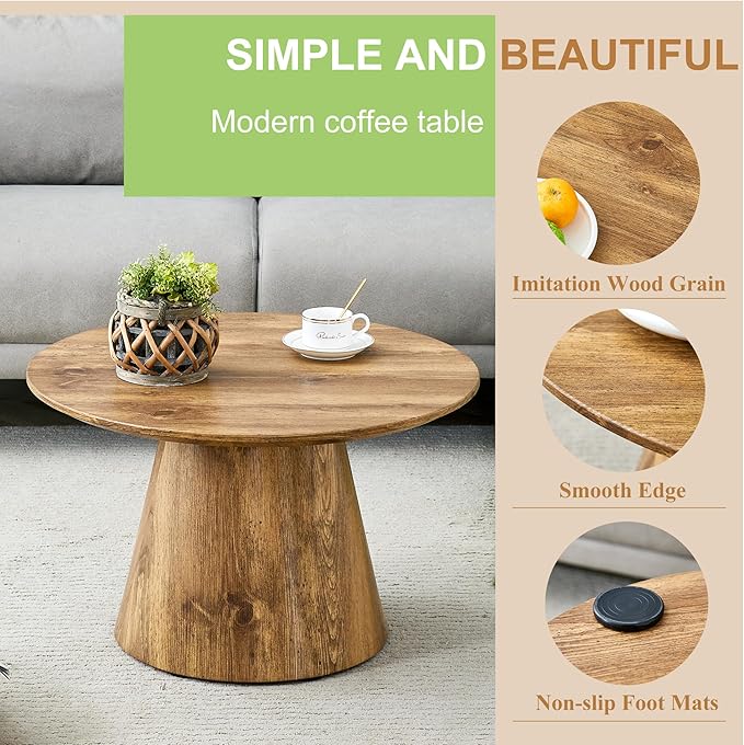 Round Coffee Table 24 in, Modern Wood Grain Living Room Table