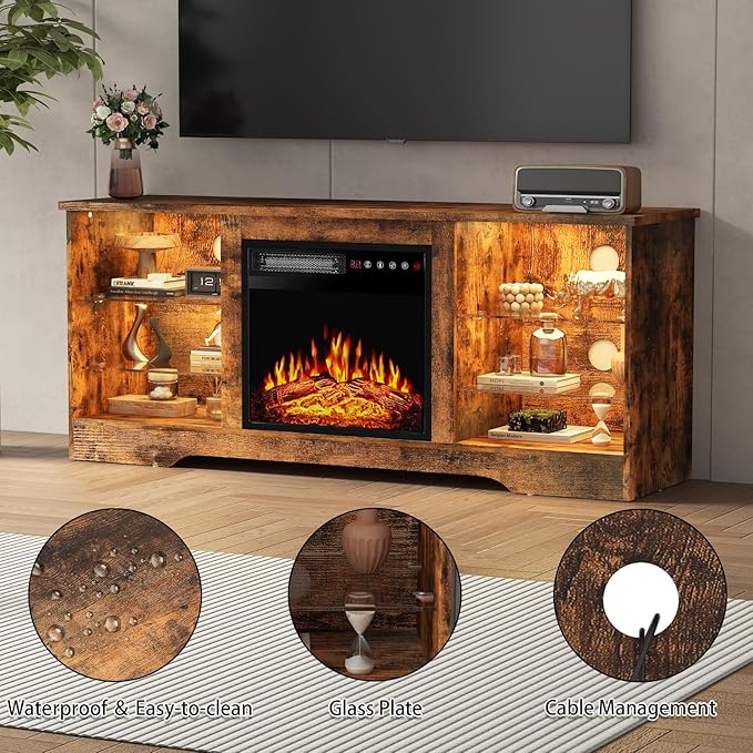 PRETZI Fireplace TV Stand with 18" Fireplace Up to 65" TVs, TV Media Console