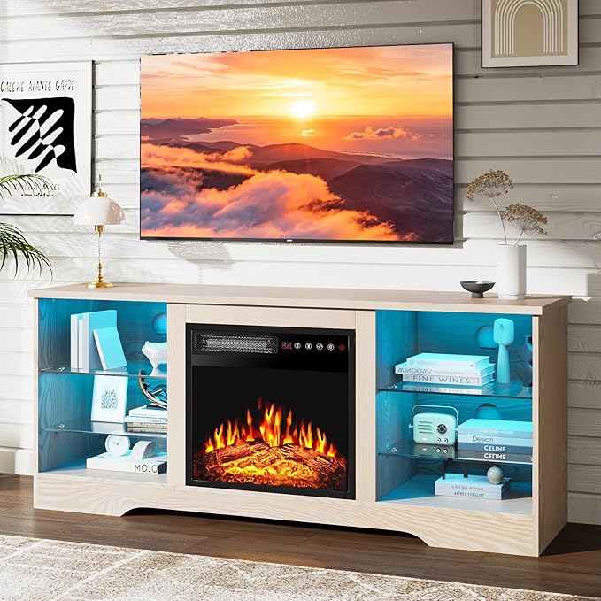 PRETZI Fireplace TV Stand with 18" Fireplace Up to 65" TVs, TV Media Console