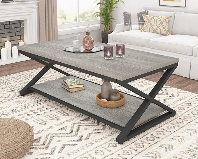 HSH Coffee Table with Storage, Farmhouse Grey Living Room Center Table