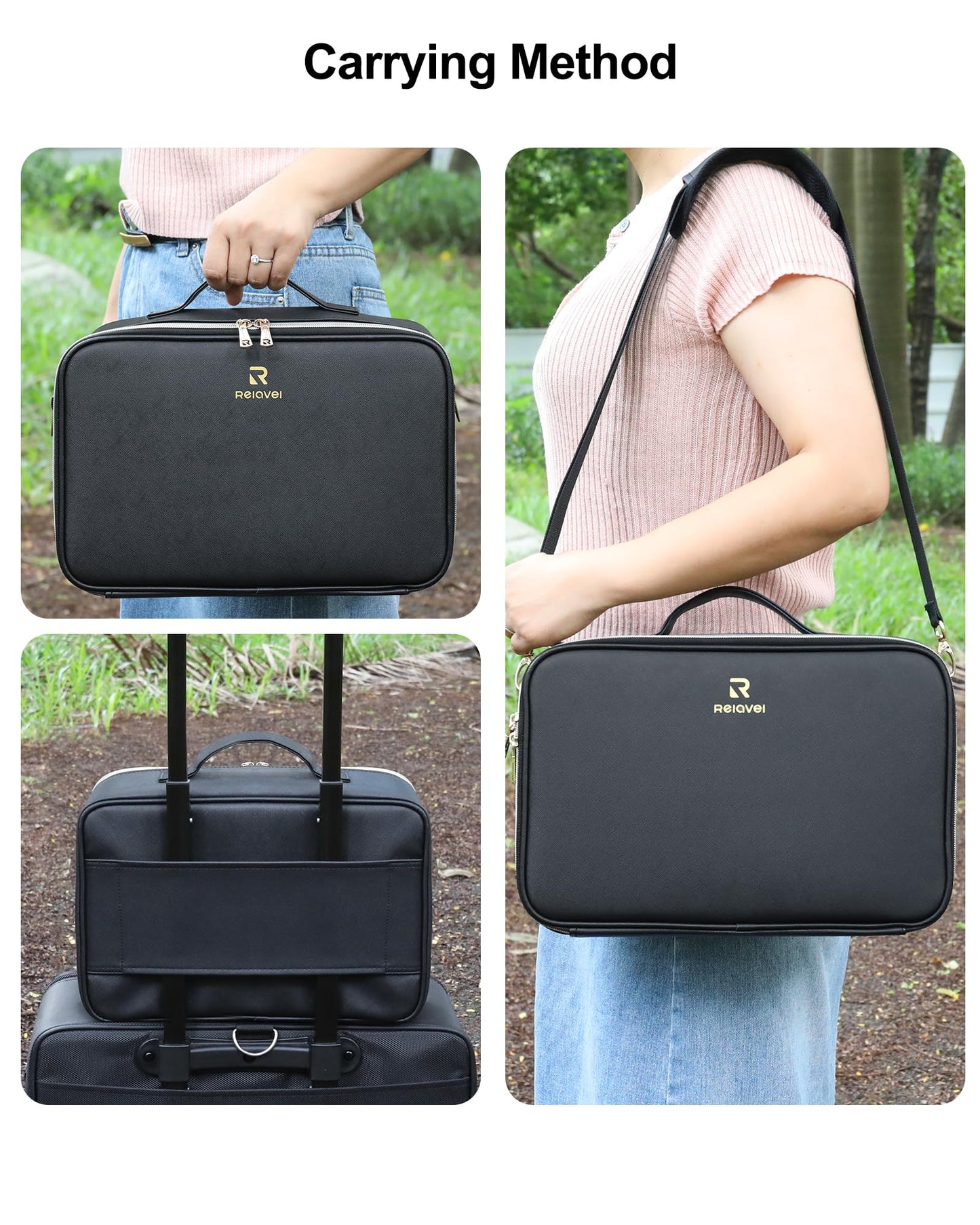 Relavel Travel Makeup Bag With LED Mirror, Cosmetic Train Case with Light up Mirror, Portable Makeup Artist Organizer Bag with Adjustable Dividers, Makeup Brush Holder Storage, Black