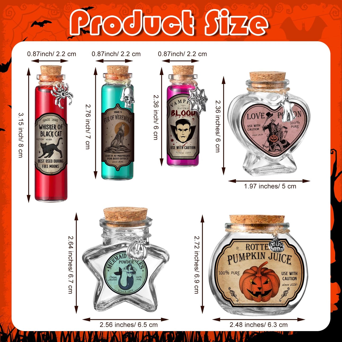 Sliner 180 Pcs Halloween Potion Bottles Set Includes 60 Cork Stoppers Glass Bottles 60 Charms Pendants 60 Apothecary Bottle Labels with a Jute Rope for Party Decoration Gifts Photo Props