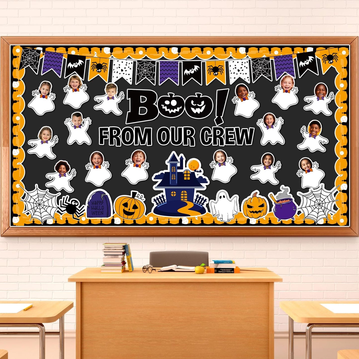 Halloween Ghost Bulletin Board Set Classroom Decorations Pumpkin Castle Paper Cutouts BOO Ghost Pattern Spider Web DIY Photos Bulletin Board Halloween Party Back to School Nursery Classroom Wall Decor