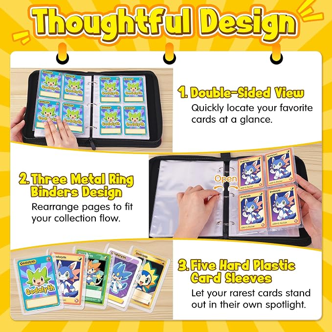 Card Binder – 4 Pocket Zipper Collection Album, Premium PU Holder, Double-Sided Display for 400 Cards, Includes 5 Hard Plastic Sleeves for Game Cards, Sports Cards（Cartoon Stickers）