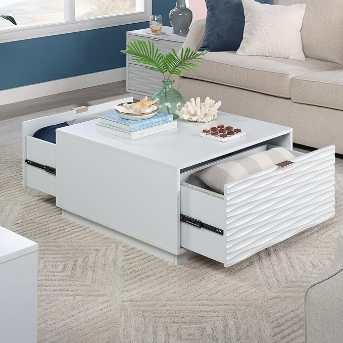 White Coffee Table with 2 Storage Drawers 31 in, Modern Living Room Center