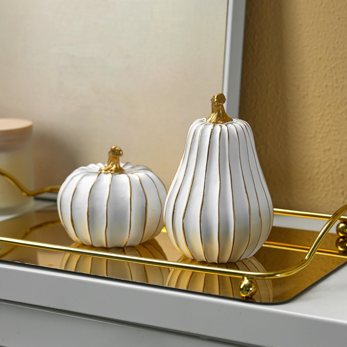 FESTGLOX Pumpkin Fall Decor, White and Gold Pumpkins for Decorating Thanksgiving Table Centerpieces, Artificial Resin Pumpkins Decor for Mantel, Harvest Autumn Tabletop Decoration
